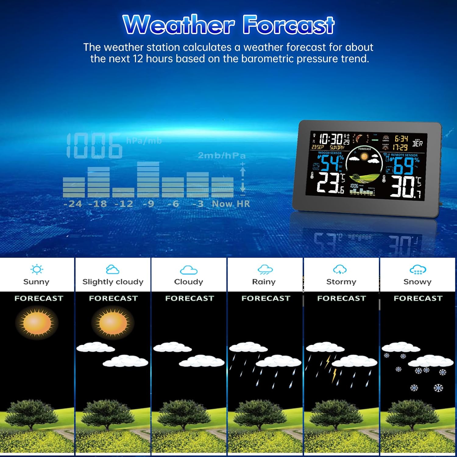 Brataste Weather Station Wireless Indoor Outdoor, Digital Thermometer with Sensor, 7.5'' HD VA Display Home Weather Stations, Accurate Temperature Humidity Gauge with Weather Forecast, Atomic Clock - Weathershack