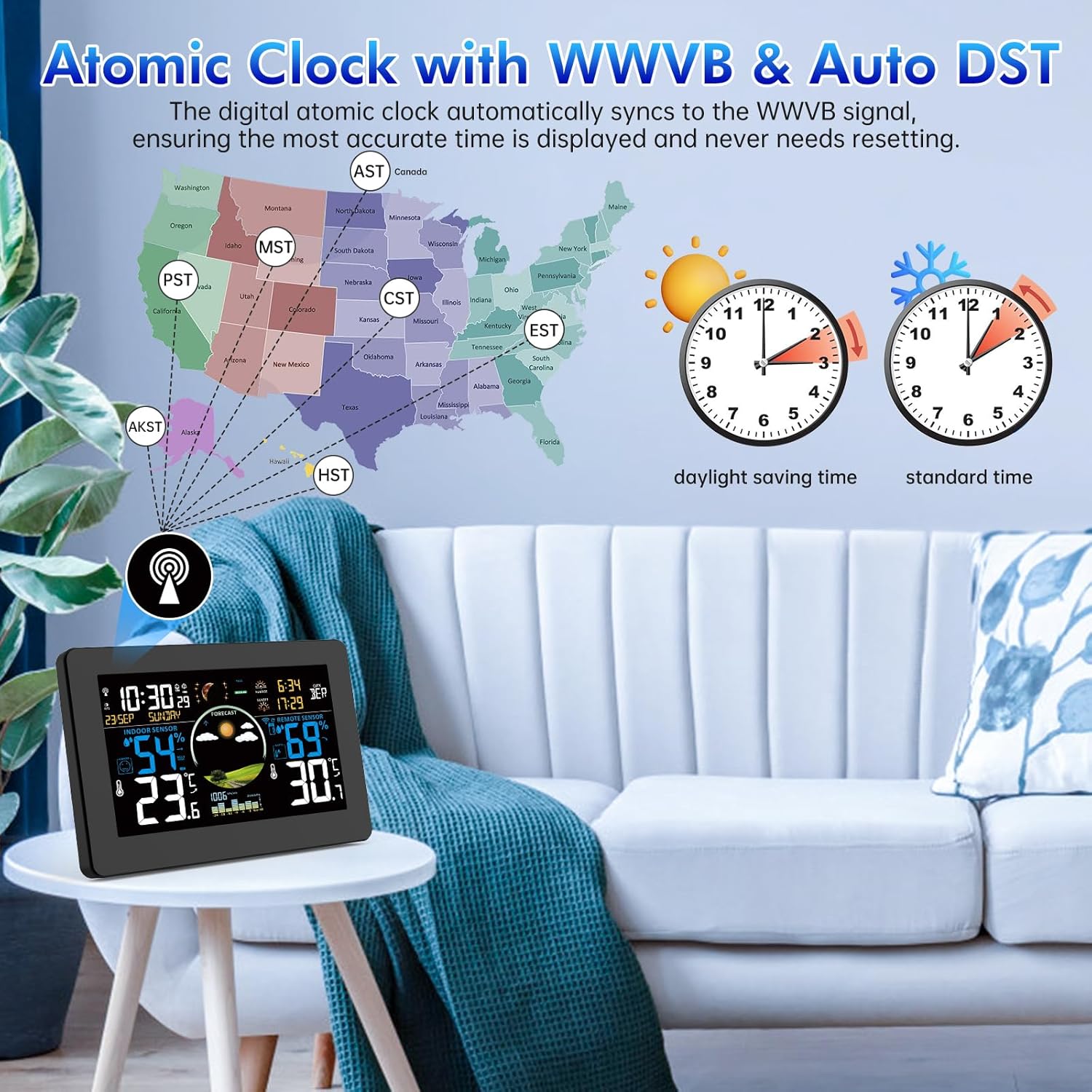 Brataste Weather Station Wireless Indoor Outdoor, Digital Thermometer with Sensor, 7.5'' HD VA Display Home Weather Stations, Accurate Temperature Humidity Gauge with Weather Forecast, Atomic Clock - Weathershack