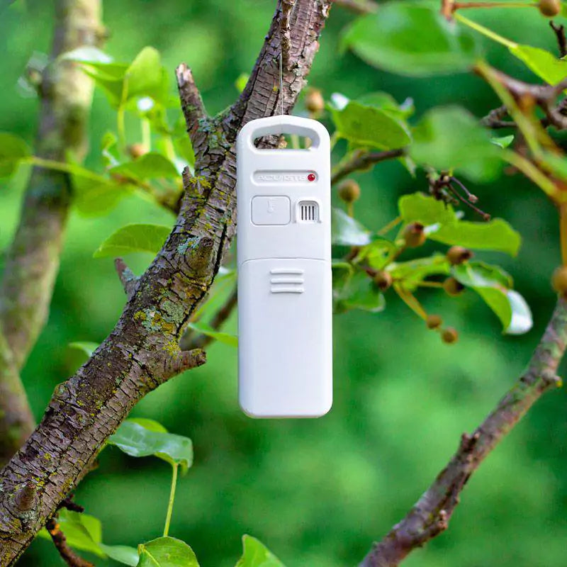 AcuRite outdoor temperature and humidity sensor hanging on a tree branch for wireless weather monitoring