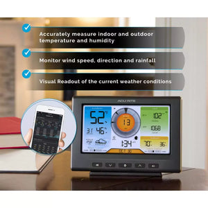 AcuRite 5-in-1 weather station display showing weather forecast and mobile app integration