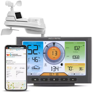 AcuRite 5-in-1 weather station with mobile app displaying weather data and rainfall report