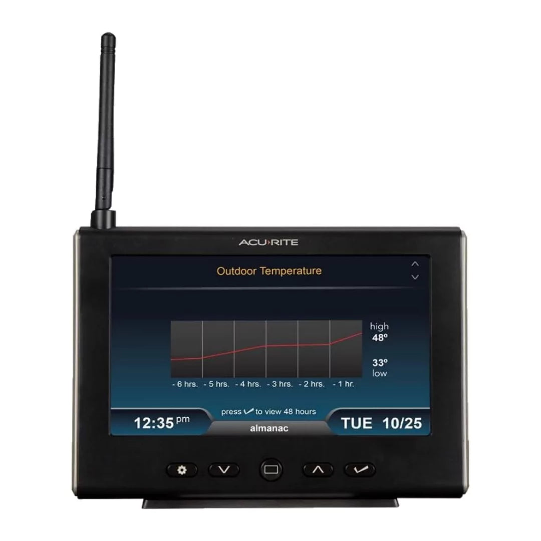 Acurite 5 in 1 weather station console displaying outdoor temperature