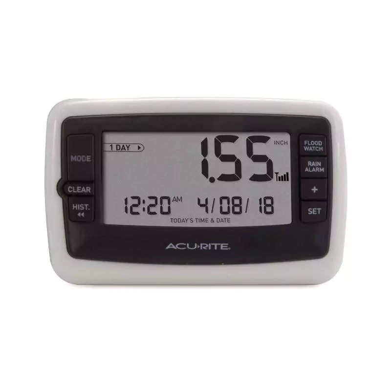 Close-up of Acurite digital rain gauge display showing rainfall measurement
