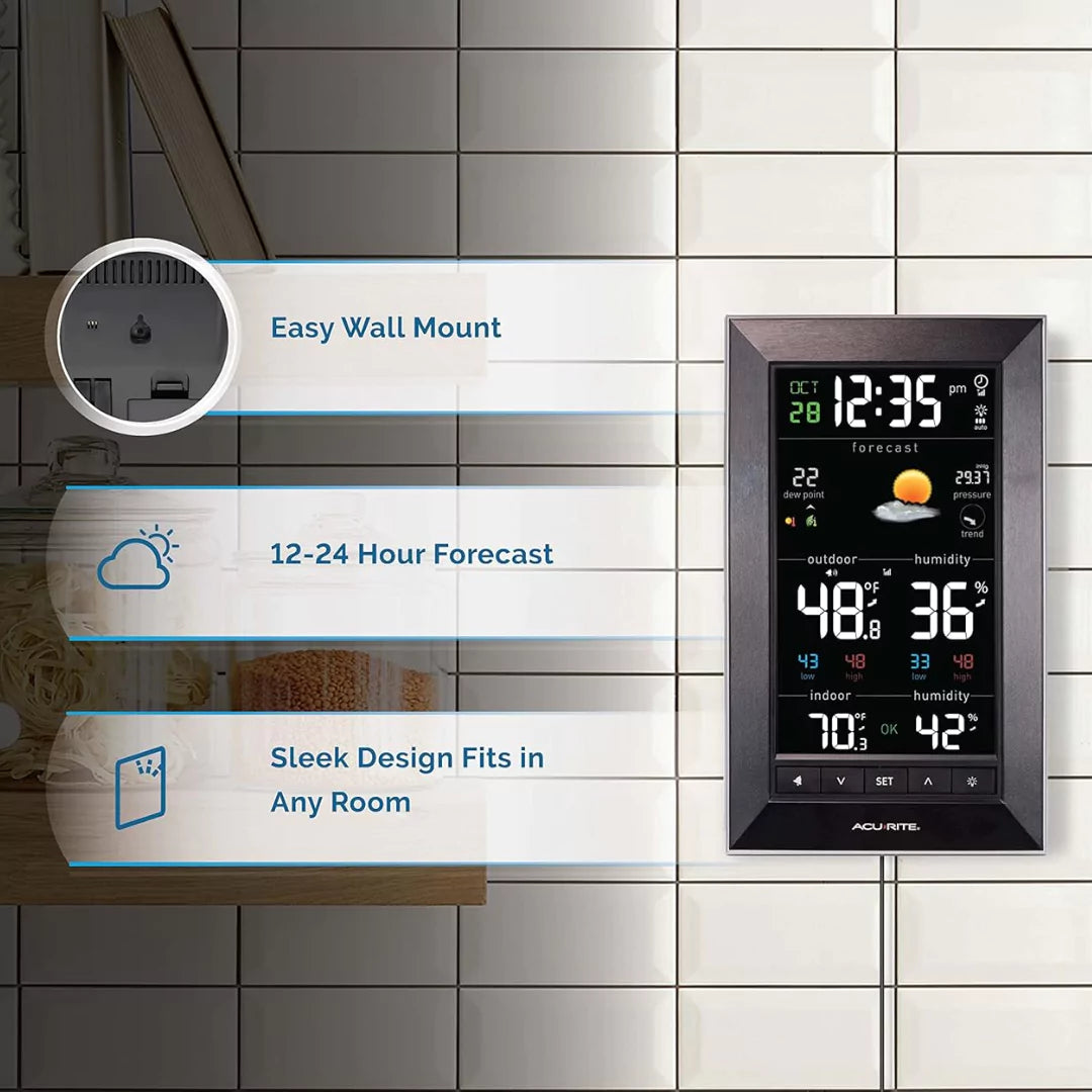 AcuRite weather display with 12–24 hour forecast, easy mounting, and sleek design for any room.