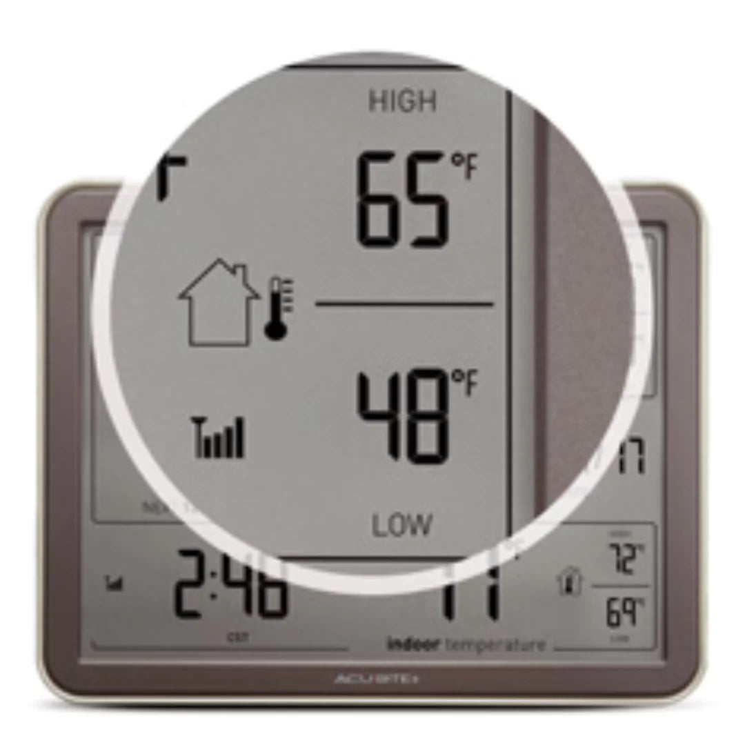 Acurite weather monitoring large display showing high and low weather conditions