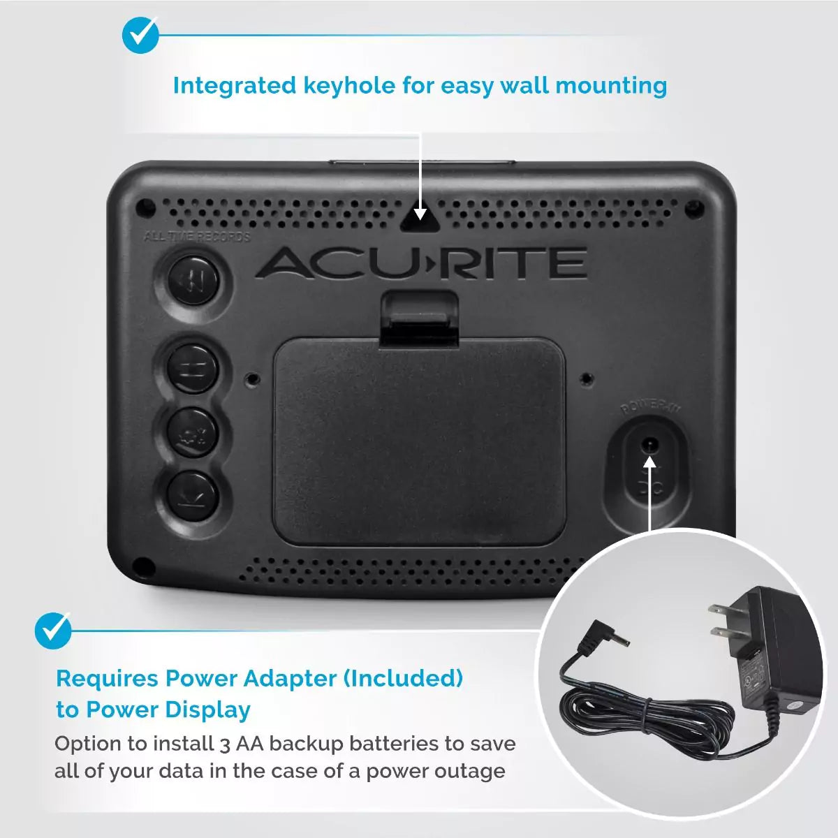 Back view of AcuRite weather forecaster console with wall mount and included power adapter