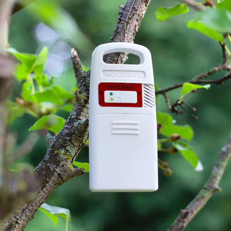 Acurite temperature, humidity and lightning detection sensor placed outdoor on a tree branch