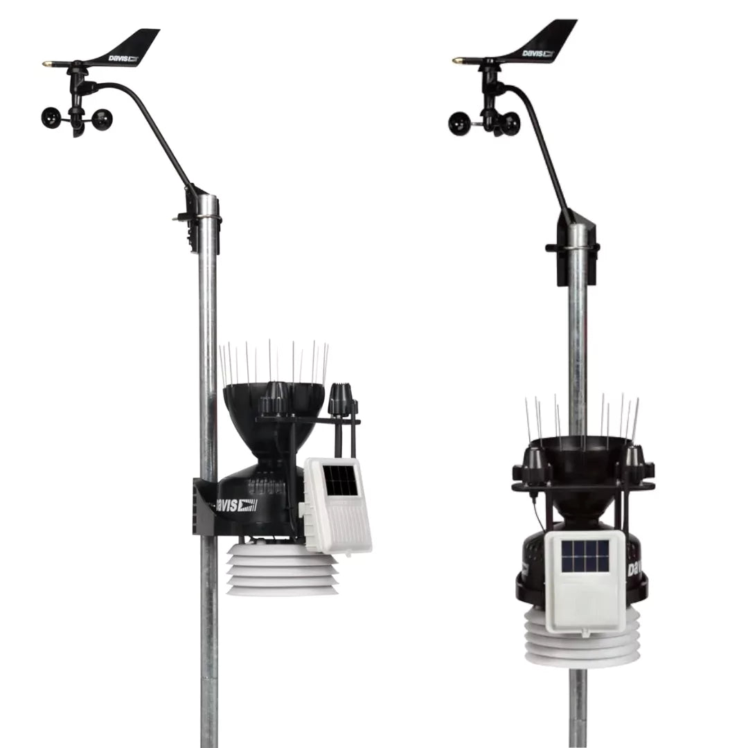 Side and front view of Davis vantage pro2 plus weather station with integrated sensors and solar panel