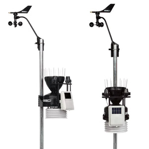 Side and front view of Davis vantage pro2 plus weather station with integrated sensors and solar panel