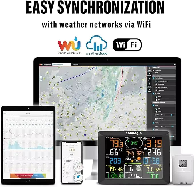 Weather station syncs with Weather Underground and Weathercloud via Wi-Fi.