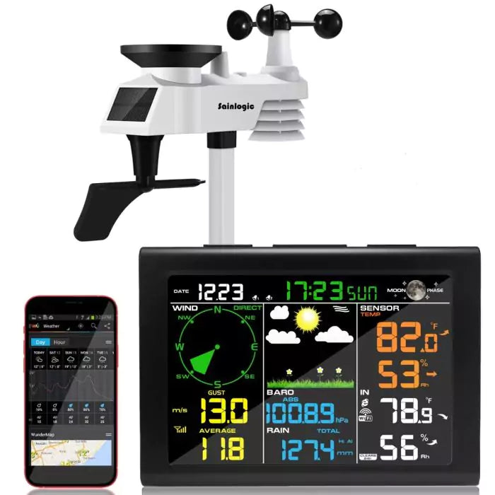 Sainlogic weather station with sensor and display with app for remote monitoring.