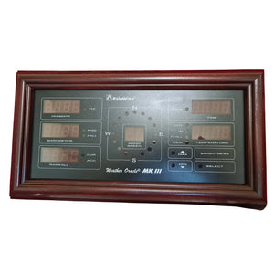 RainWise Oracle MK III display with real-time weather data and classic wooden frame