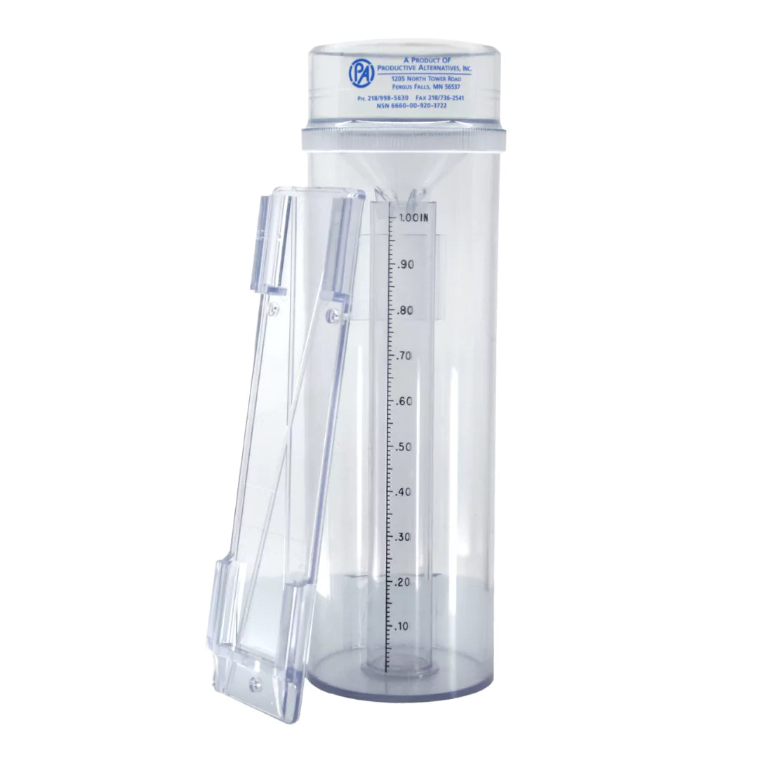 Close-up of productive alternatives Stratus Rain Gauge with mounting bracket and precise 1/100th inch scale visible