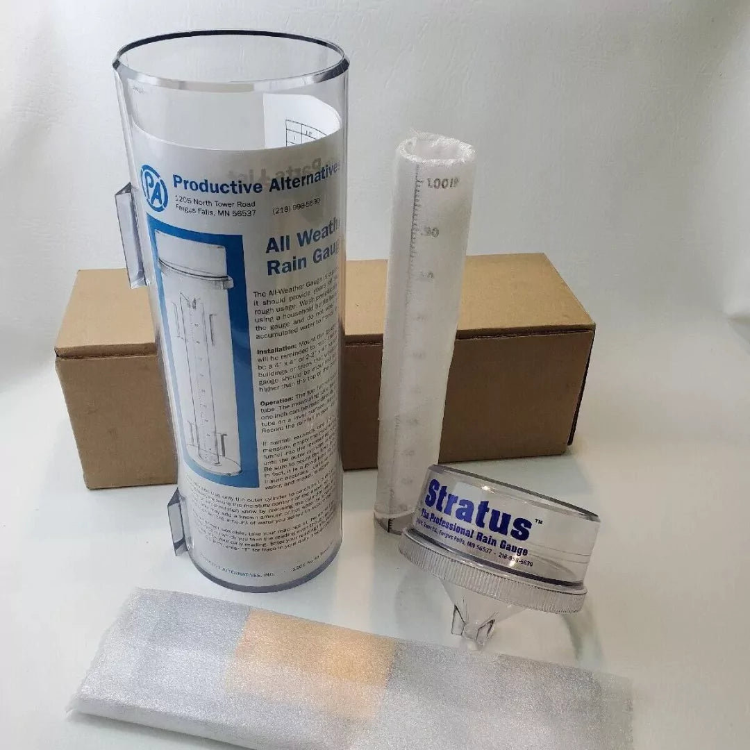 Unboxed Stratus Rain Gauge with components and instruction sheet on display