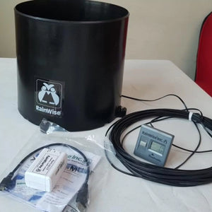 RainWise RainLogger kit including rain collector, RainLog data logger, USB cable, and digital display module