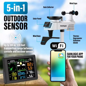 Sainlogic 5-in-1 outdoor weather sensor range upto 100m/328 feet transmission range.
