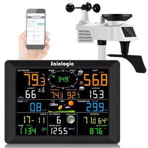 Sainlogic wireless weather station with 7-in-1 sensor and colorful LCD display showing local weather readings.