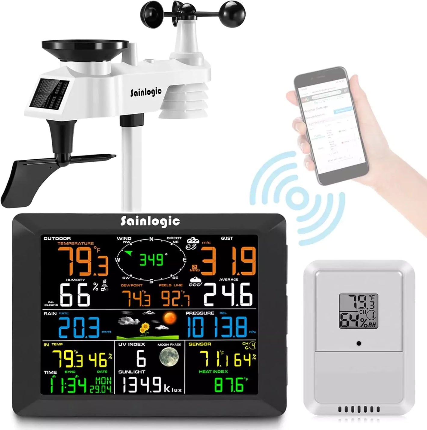 Complete Sainlogic weather station bundle with sensor, display, and Wi-Fi sync.