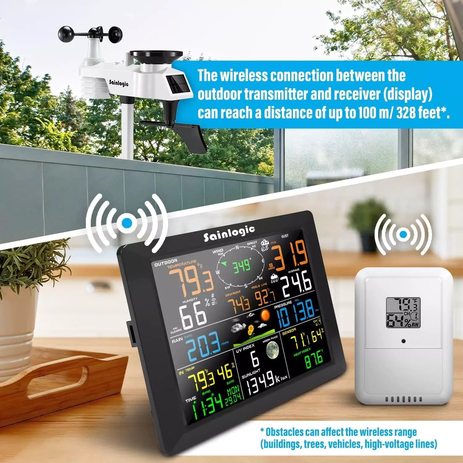 Wireless transmission between weather sensor and display up to 328 feet range.