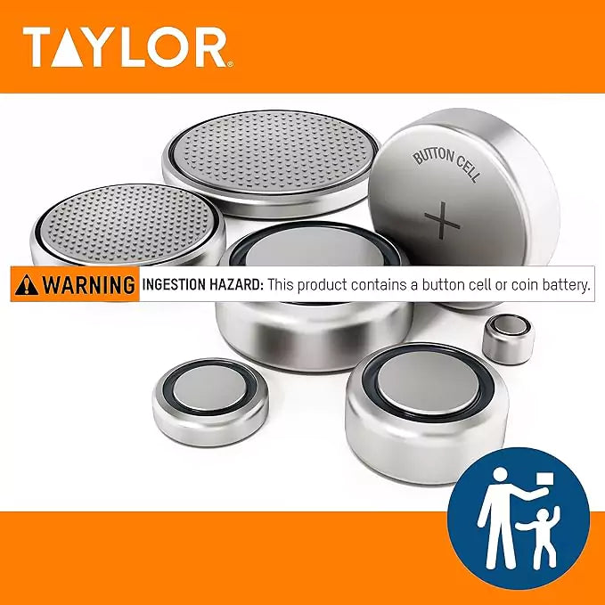 Taylor digital thermometer contain a button cell or coin battery in the product.