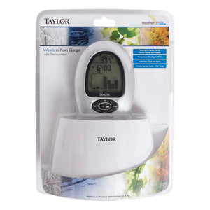 Taylor wireless rain gauge with thermometer product package.