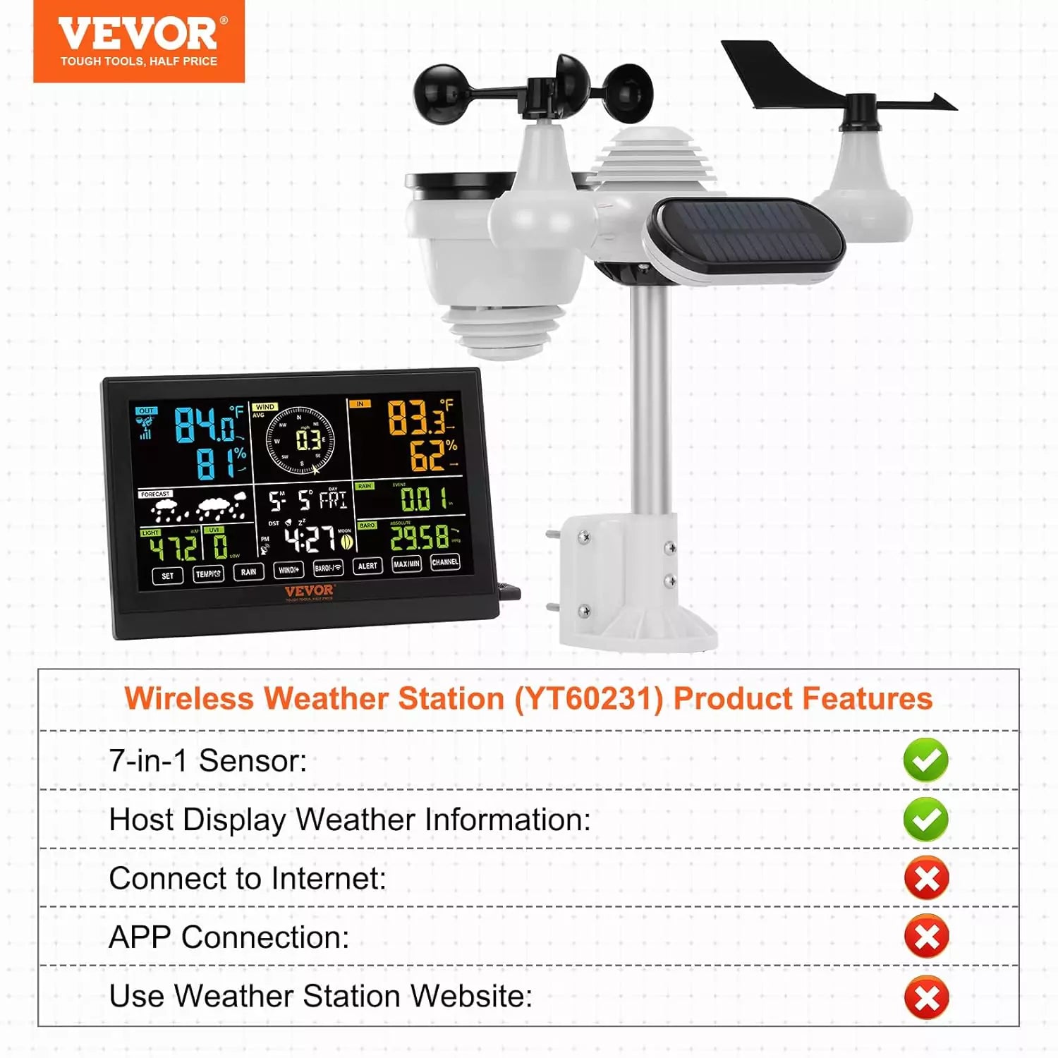 Vevor wireless weather station product features shown, 7-in-1 sensor, host display weather information.