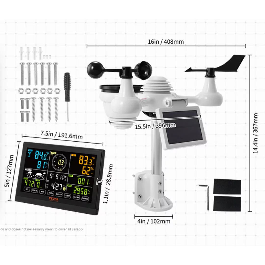 VEVOR Wi-Fi weather station device dimensions and measurement details for sensor and display console.