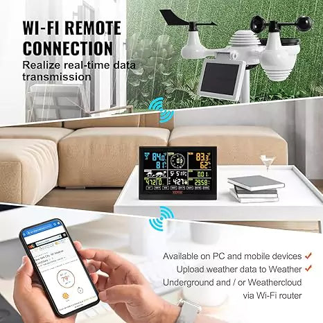 VEVOR Wi-Fi weather station with remote access via PC and mobile, includes display console and 7-in-1 outdoor sensor array.