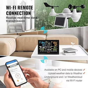 VEVOR Wi-Fi weather station with remote access via PC and mobile, includes display console and 7-in-1 outdoor sensor array.