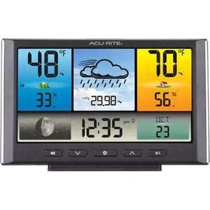 Acurite Digital weather station with color display showing temperature, humidity, forecast, and time