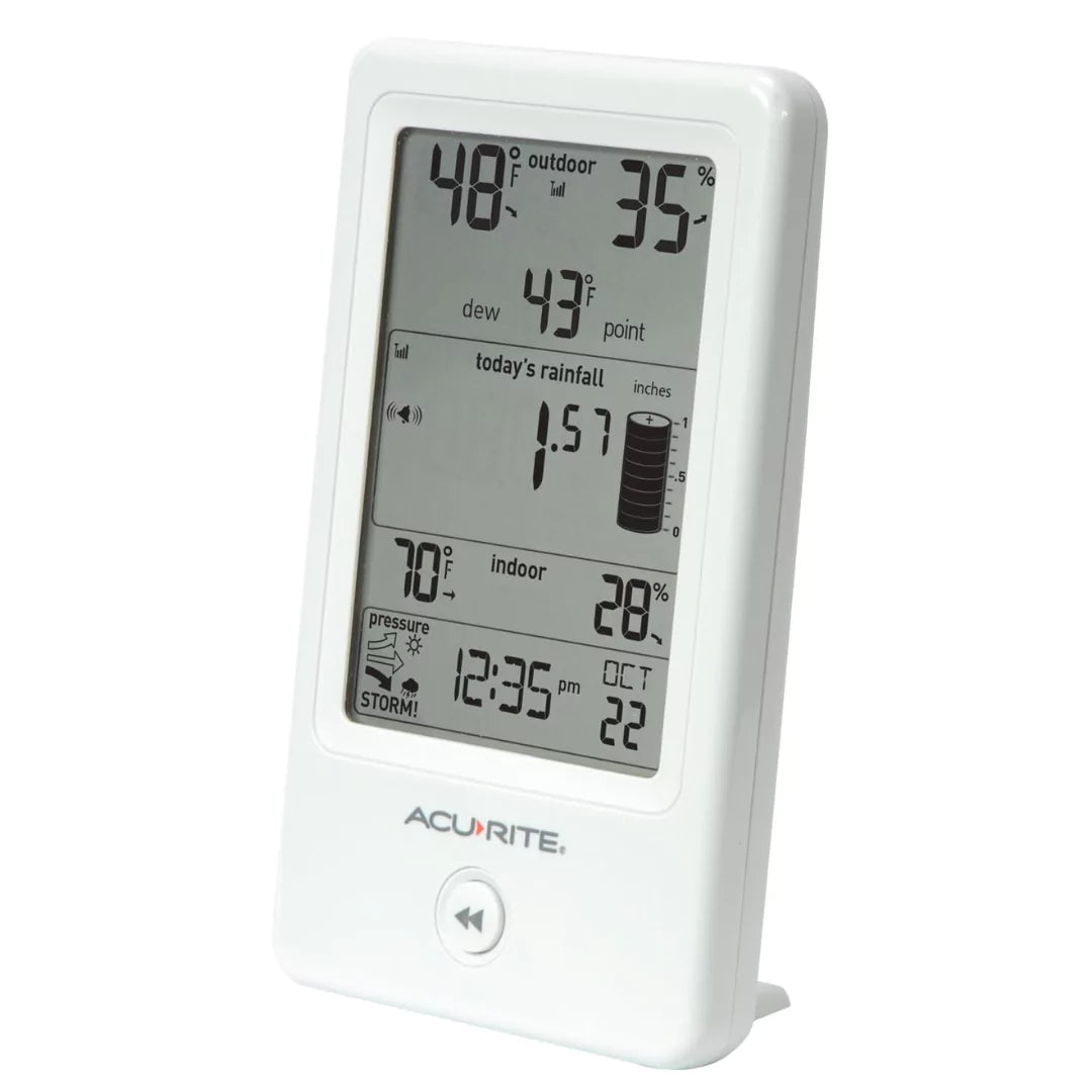 Acurite digital monitor displaying rainfall ,indoor & outdoor temp and Strom alert