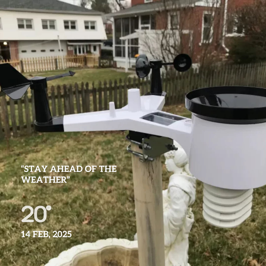 Home weather station mounted in front of the home backyard.