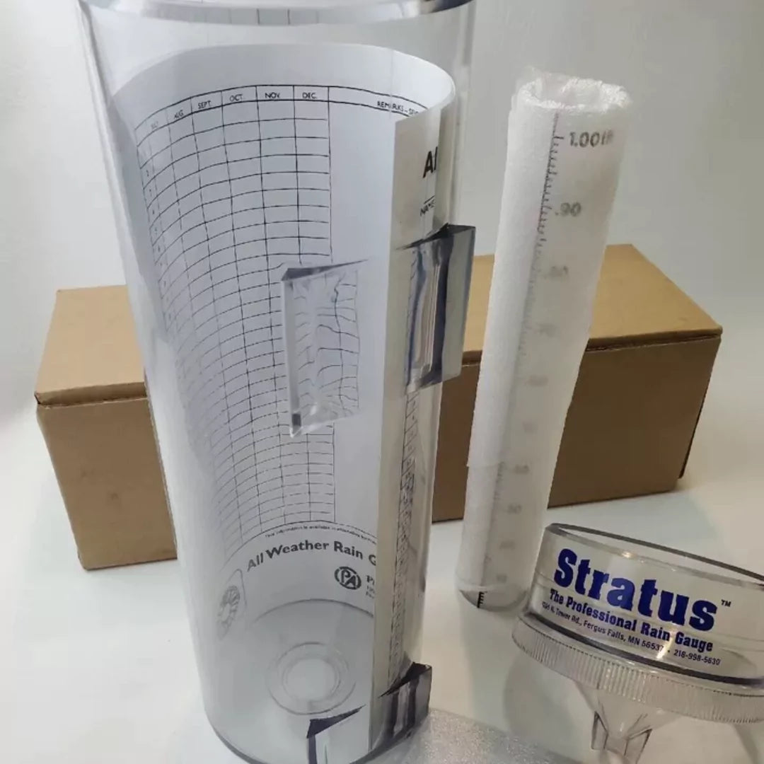 Stratus rain gauge kit with chart, tube, and funnel—professional rainfall measurement tool.