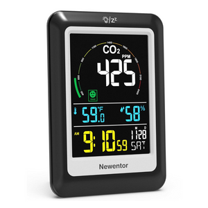 CO2 Monitor with Voice Alert - Newentor Indoor Air Quality Meter, CO2 Detector, Large Display, Temperature & Humidity Sensor with Alarm Clock - Weathershack