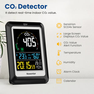 CO2 Monitor with Voice Alert - Newentor Indoor Air Quality Meter, CO2 Detector, Large Display, Temperature & Humidity Sensor with Alarm Clock - Weathershack