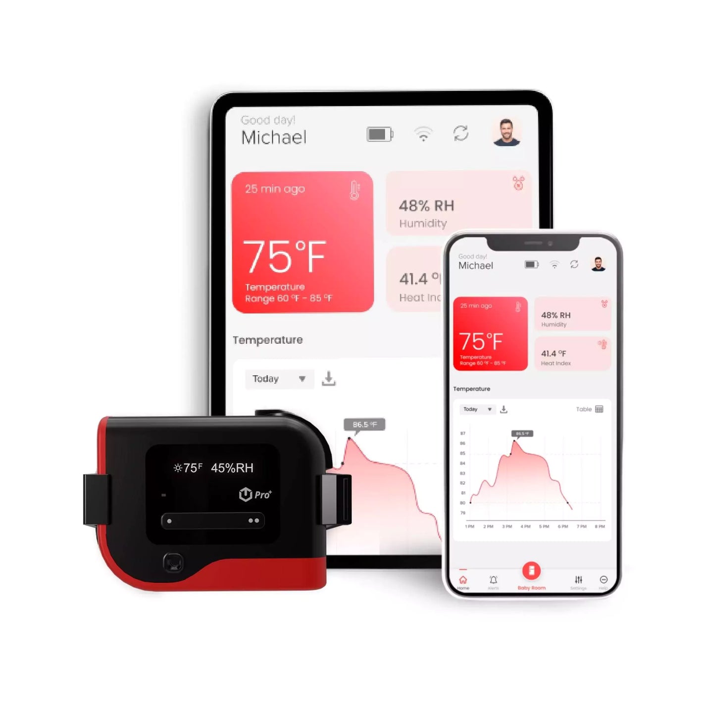 tempCube Pro sensor with screen and app showing real-time temp and humidity data.
