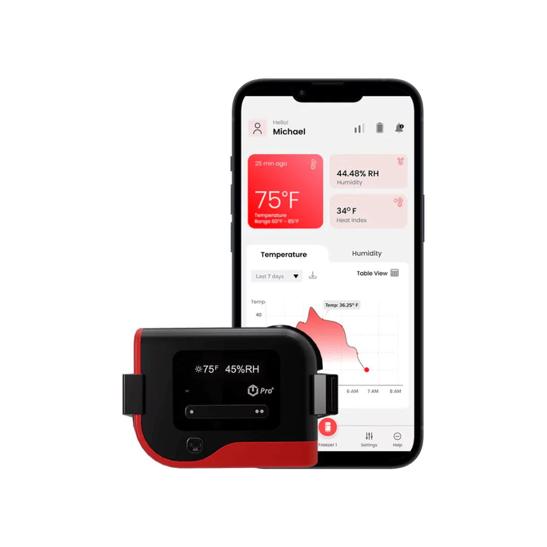 TempCube pro with app displaying the temperature and humidity