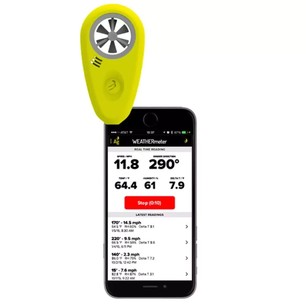 Tempest weather meter connected to smartphone displaying real-time wind, temperature, and humidity data using the WEATHERmeter app.