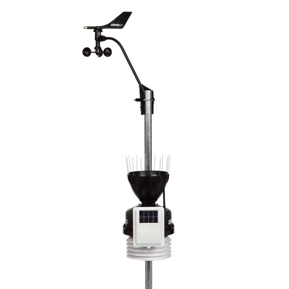 Front view of Davis Vantage Pro2 weather station with solar sensor and rain gauge